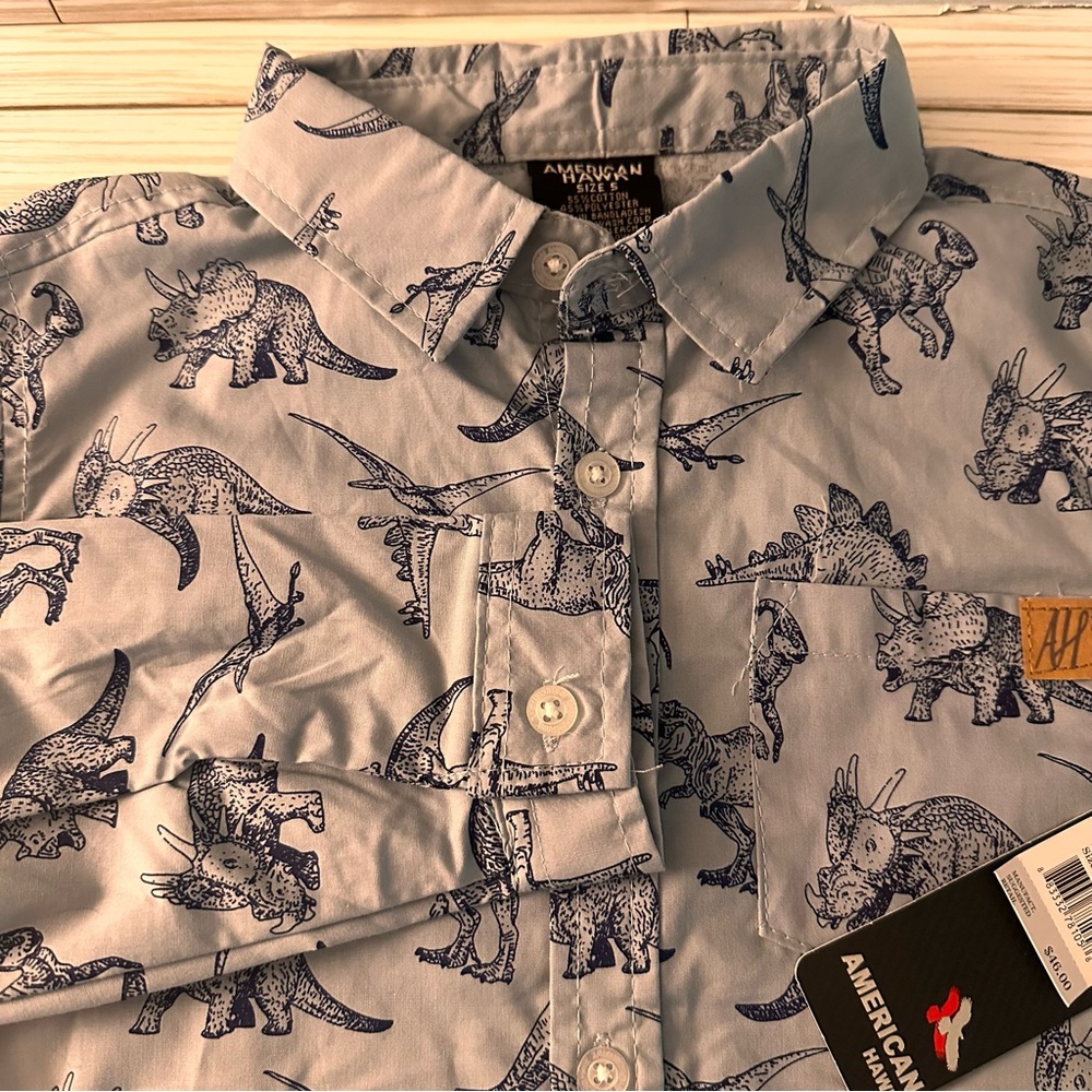 NWT American Hawk Boys Button Down Shirt Dinosaur Print Long Sleeve Size 5